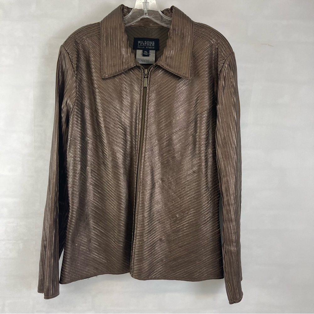 Vintage Wilsons Leather Pelle Studio Metallic Brown Textured‎ Zip Jacket XL